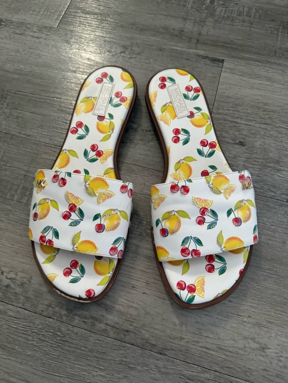 Michael Kors White Slide Sandals with Lemon & Cherry Print